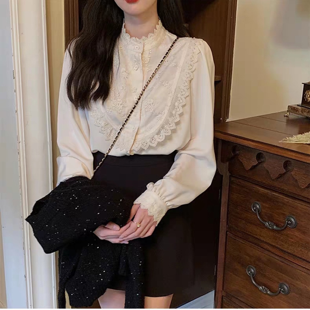 Áo sơ mi SUXI tay phồng dài màu trơn phong cách vintage Hàn Quốc