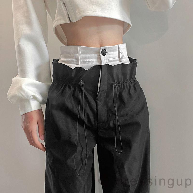 DRE-Women´s Spring Wide Leg Pants,Black High Waist Drawstring Straight Leg Pants