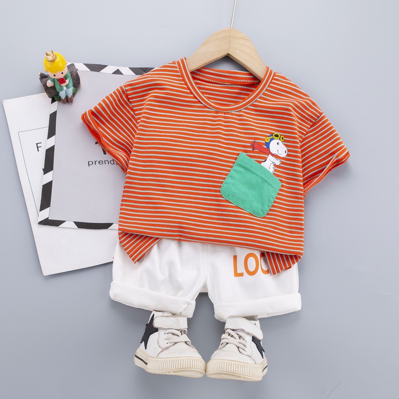 Quần Áo Trẻ Em Bộ Ngắn Tay Cho Bé Trai Sọc Cam Xanh Chất Liệu Cotton 4 Chiều Mềm Mịn Thoáng Mát
