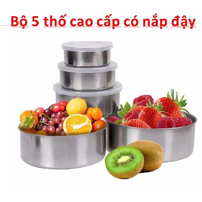 [Kèm nắp]Bộ 5 Thố Inox Có Nắp Đậy Cao Cấp Kích Thước Từ 10 12 14 16 18 cm