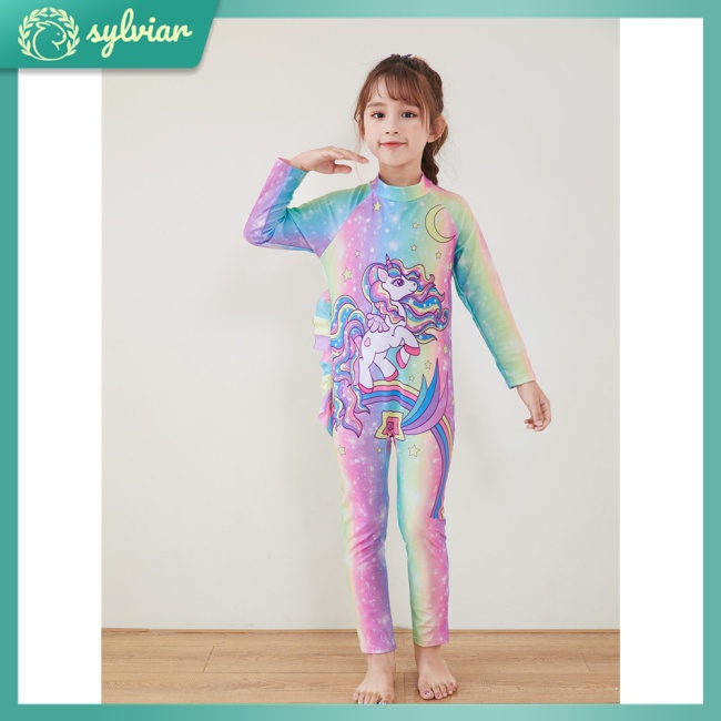 Bộ Đồ Bơi 2 Mảnh Tay Dài Chống Nắng In Họa Tiết Hoạt Hình Cho Bé Gái