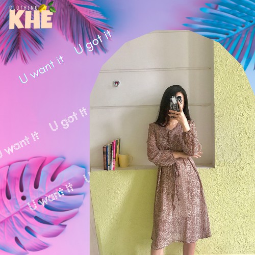 - Váy hoa dáng dài vintage, tay dài, dây thắt eo nữ tính - thu đông
