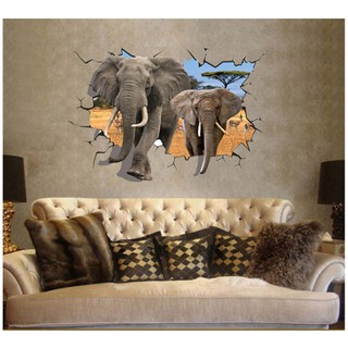 Xả Tranh đề can, decal dán tường 3D cho bé 2 mẹ con voi AY8006, hình sticker dán tường voi cho bé