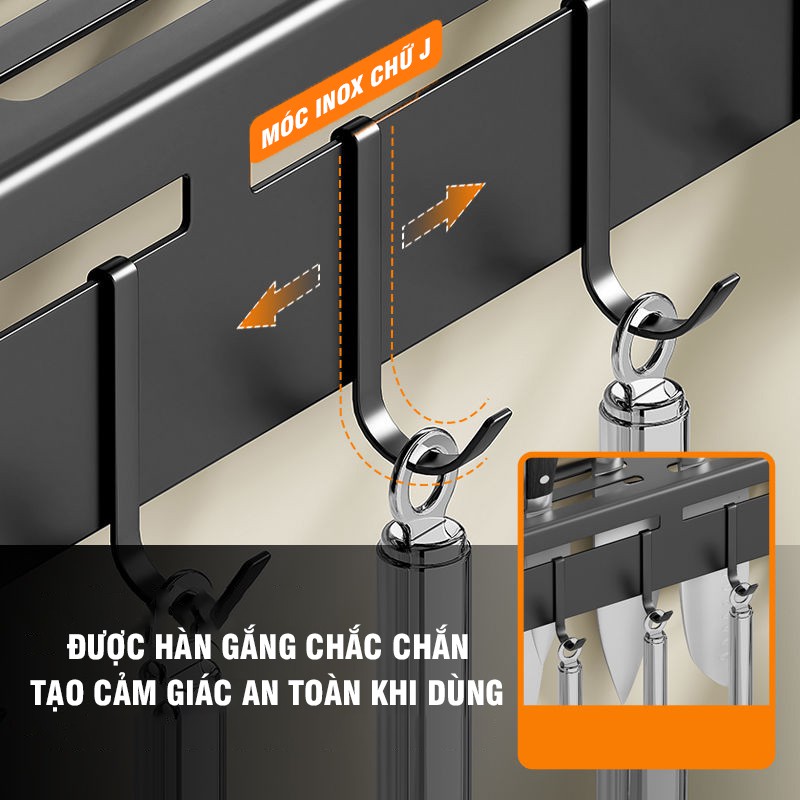 Giá Đựng Dao Kéo Dài 50cm Kèm Hộp Đỡ Đũa Đôi Và 8 Móc Treo Chất Liệu Inox Cao Cấp Không Gỉ Sét