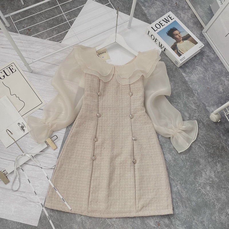 [THIẾT KẾ CAO CẤP]Váy dạ tweed tiểu thư phối tay phồng tơ organza đính nút ngọc chảnh,Váy dạ tweed ngọc tay phồng cổbèo | BigBuy360 - bigbuy360.vn