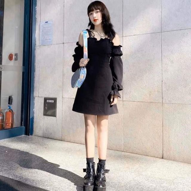 Đầm rớt vai hai màu