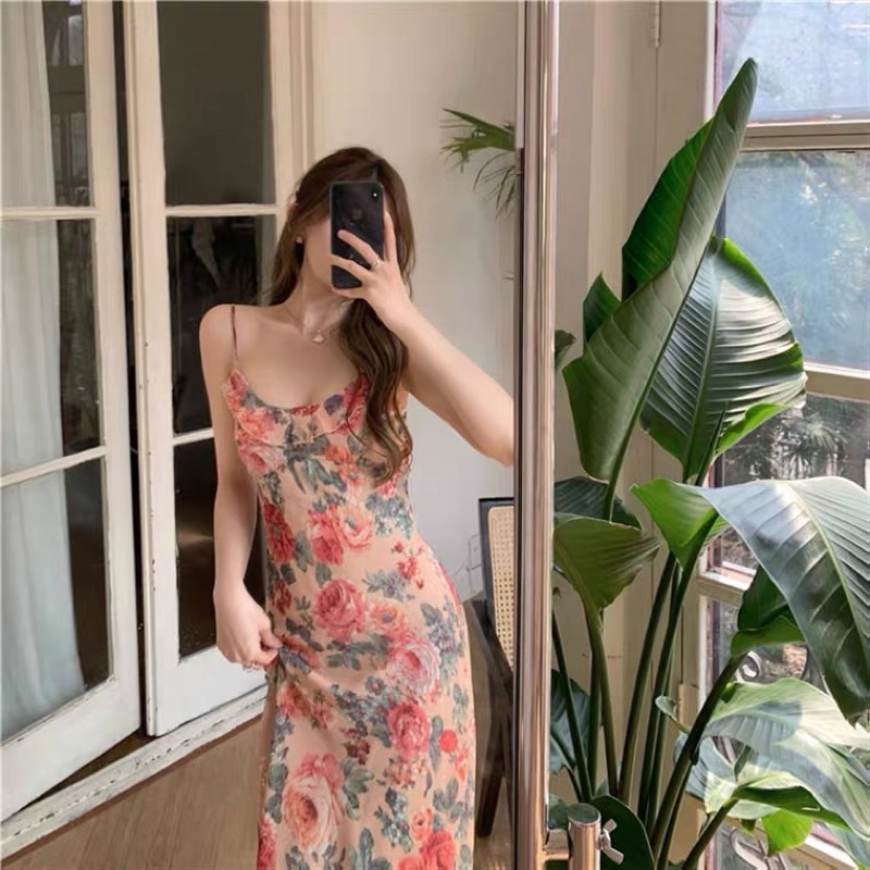 Đầm body hoa hồng dáng dài cổ điển Vintage
