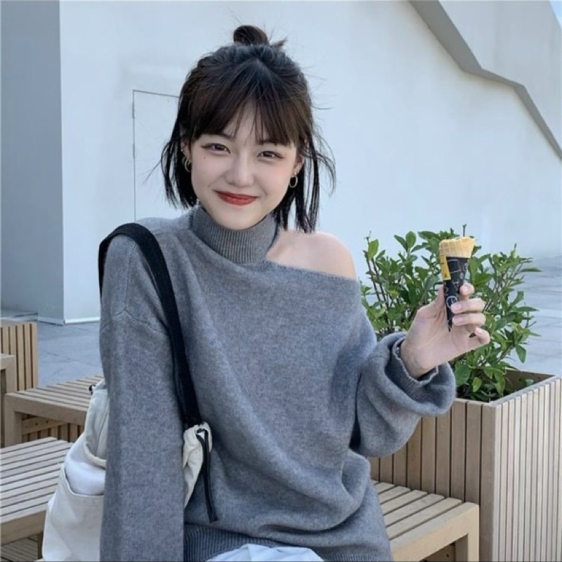 Áo Len Lệch Vai Chùm Mông, Len Mịn Quảng Châu tay bồmb sang chảnh