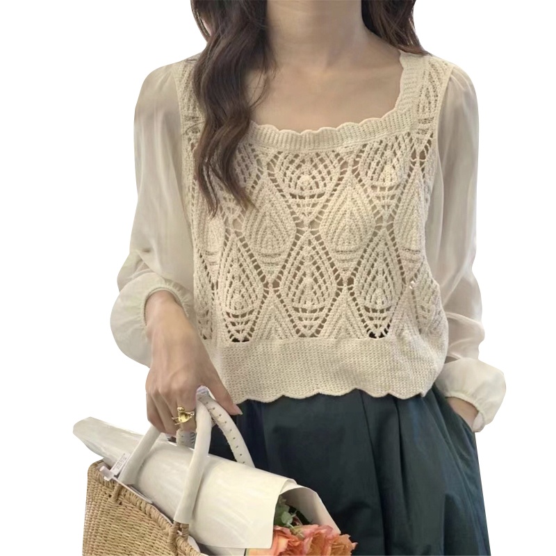 Áo Croptop Dệt Kim Vải Voan Tay Dài Phồng Cổ Vuông Màu Trơn Đính Kim Cương Giả Kiểu Pháp Cho Nữ