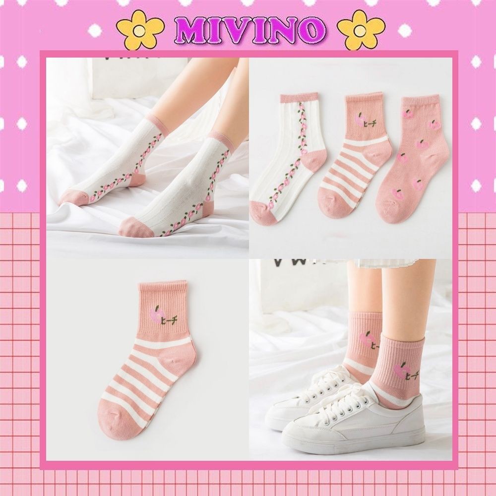 Set 3 đôi tất nữ Mivino vớ cổ cao hồng hoạt tiết hình quả đào đáng yêu TN96
