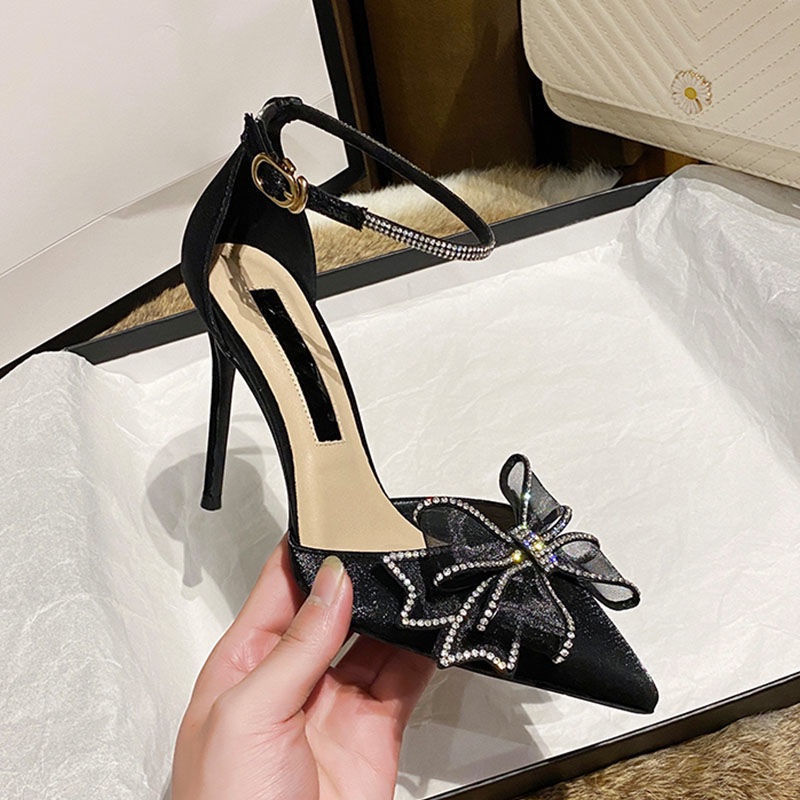 Giày cao gót nữ hè 2022 bít mũi nhọn gót nhọn kiểu dáng phương Tây đính đá thời trang thích hợp cho mọi phong cách FY0A