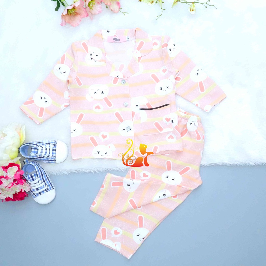 Bộ Đồ Mặc Nhà &quot;Thỏ Tim&quot; Pijama Satin Quần Dài Cao Cấp - Siêu Mát - Cho Bé 8-38kg.