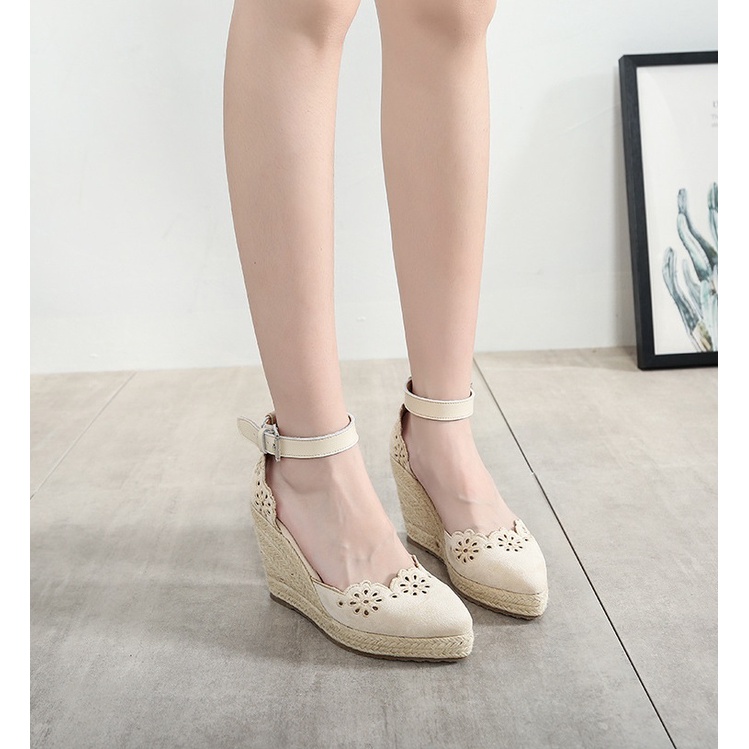 Giày cao gót đế xuồng bọc cói 10cm, chất da lộn viền hoa thêu