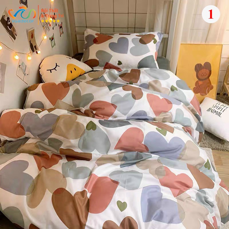 Set vỏ chăn ga gối VUADECOR cotton Poly họa tiết trái tim trang trí, decor phòng ngủ phong cách Hàn Quốc