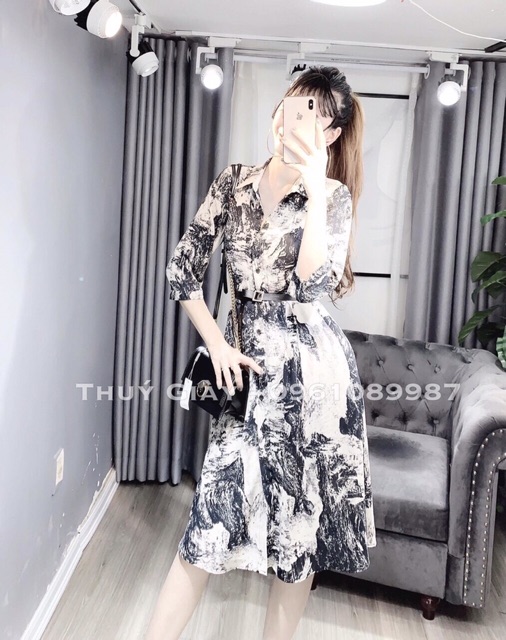 Váy Sơ Mi Dáng Dài Màu Loang Kèm Belt