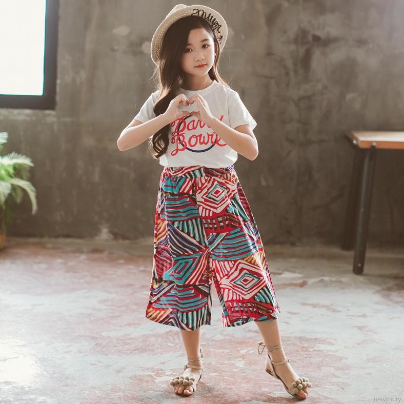 Set áo thun tay ngắn in chữ &amp; quần dài ống rộng cho bé gái