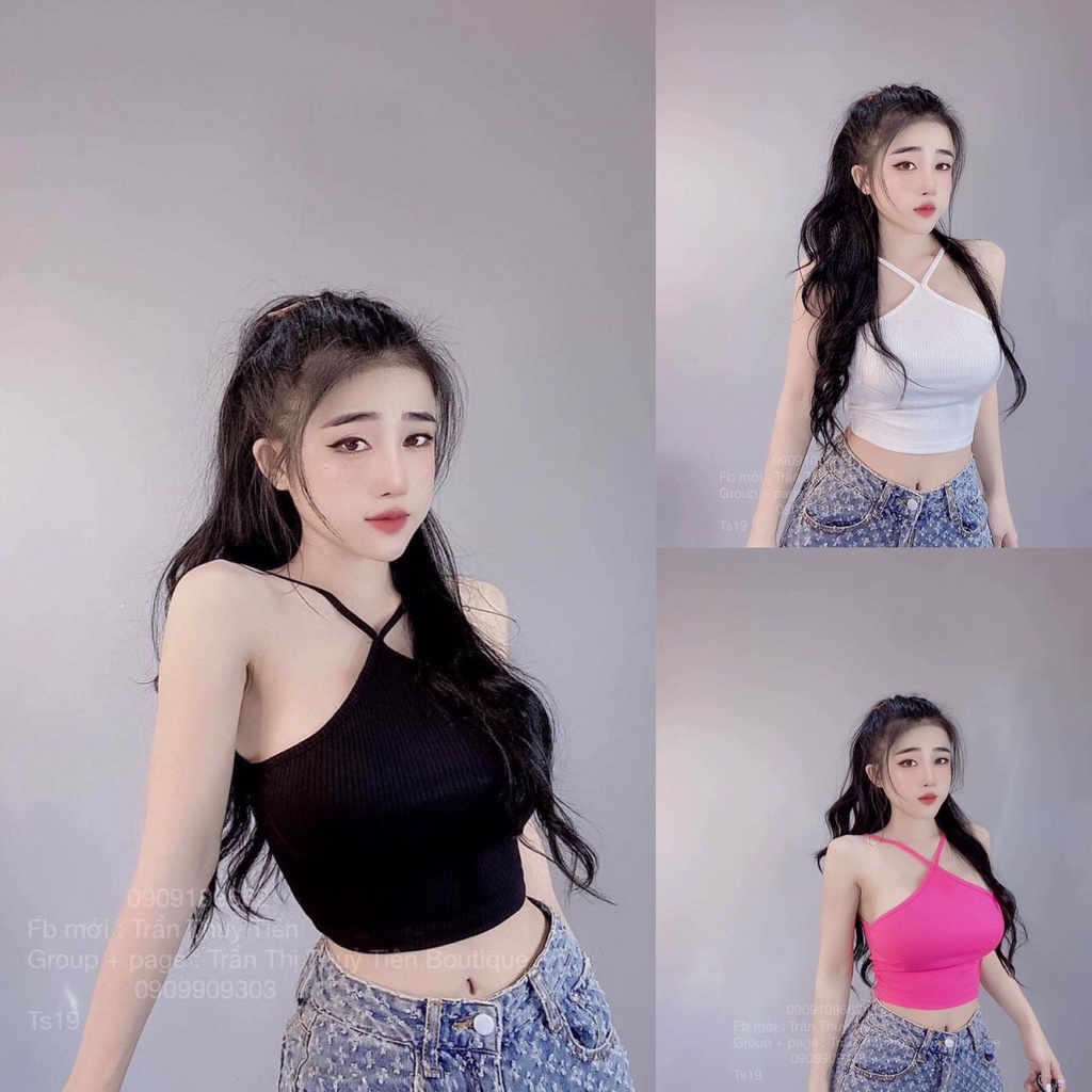 Áo croptop cổ yếm 2 dây mảnh,Áo yếm 2 dây nữ gân tăm hở lưng co giãn nữ dễ thương phong cách hàn quốc