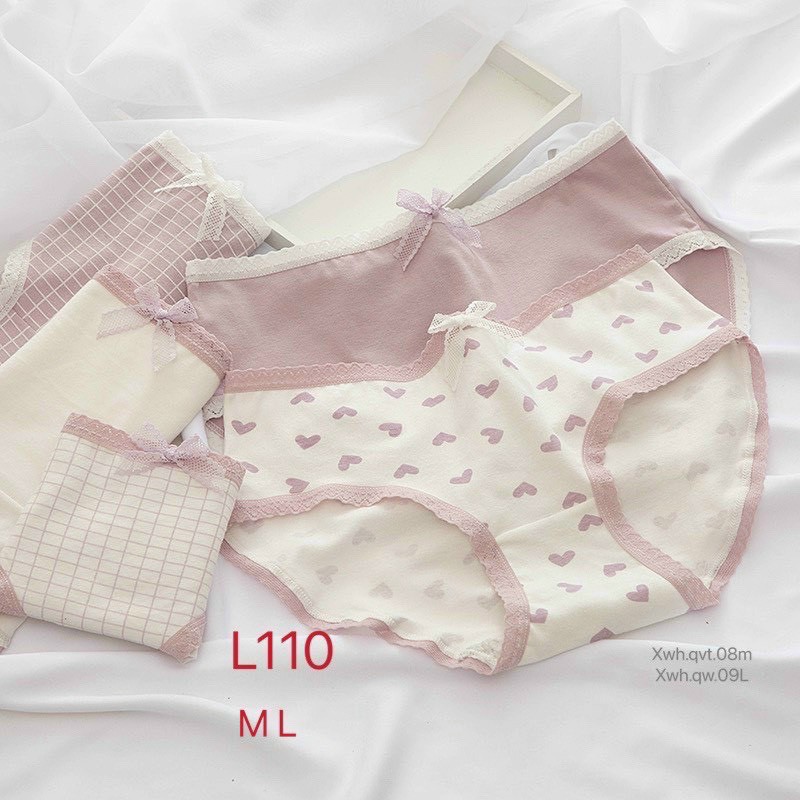 Combo Quần Lót Nữ Cotton Tim Tingweiya tím đính nơ - Quần Lót Nữ kháng khuẩn tôn dáng mã L110