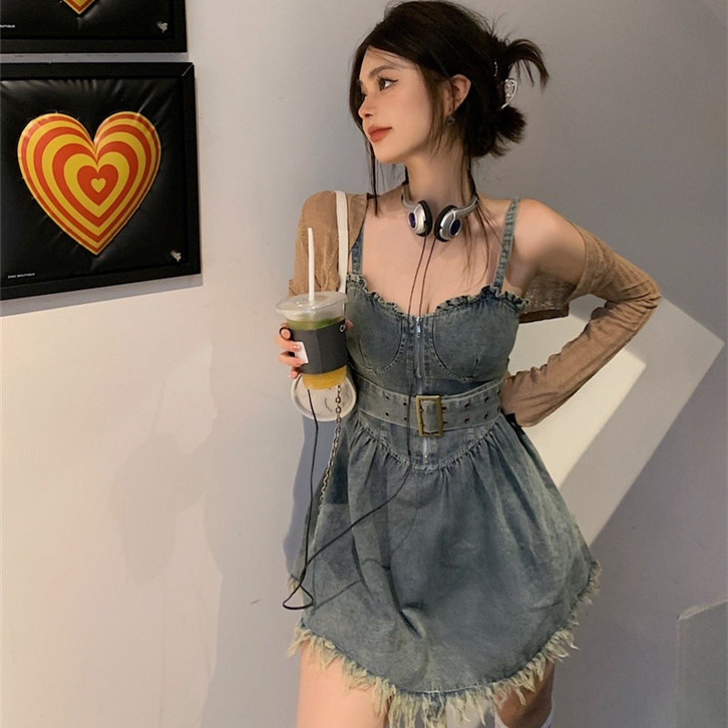 Set Đầm Denim Không Tay Và Áo Khoác Cardigan Mỏng Chống Nắng Thời Trang Cho Nữ