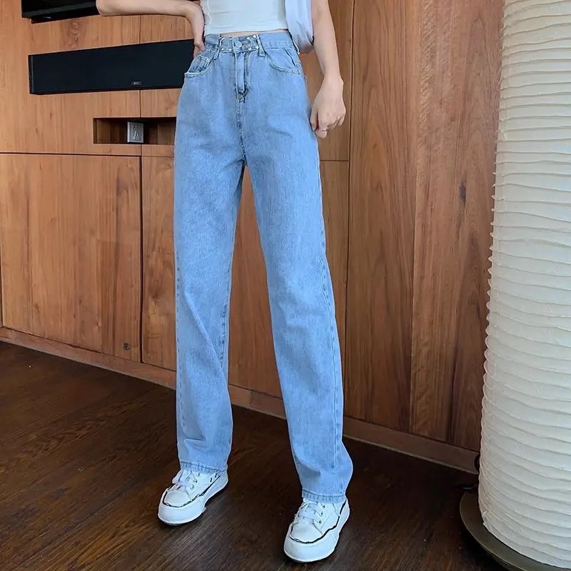 Quần Jeans Nữ Cạp Khuy Màu Xanh Gài Eo Cao Ống Đứng Phong Cách Ulzzang Chất Jean Co Dãn Nhẹ Dày Dặn Loại 1