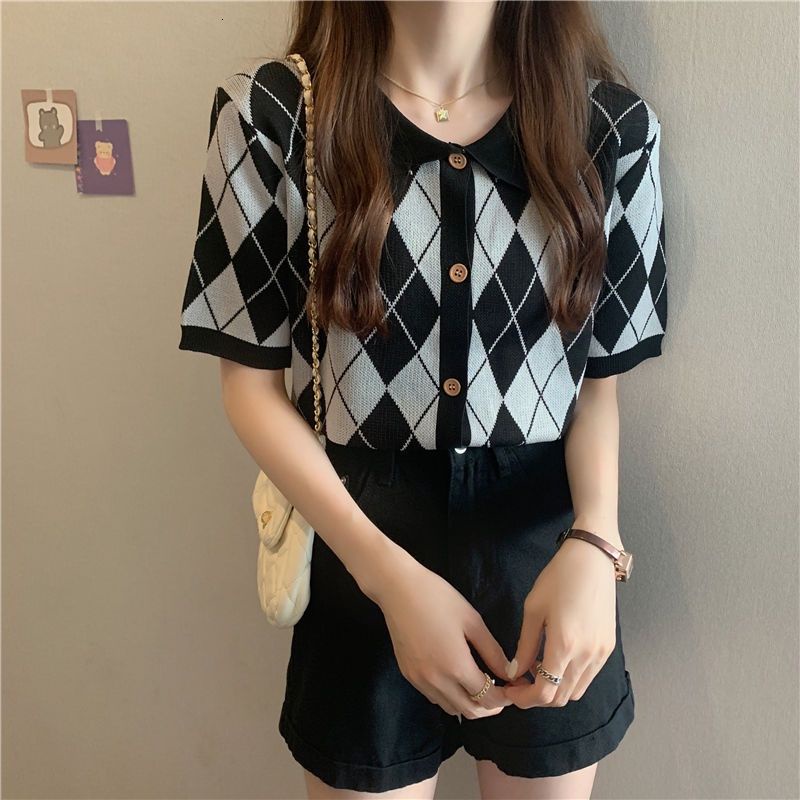 Áo Thun Dệt Kim Tay Ngắn Cổ Bẻ Đính Đá Phong Cách Retro