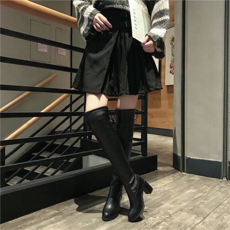 Bốt nữ da lộn cao cổ dài qua gối gót vuông | BigBuy360 - bigbuy360.vn