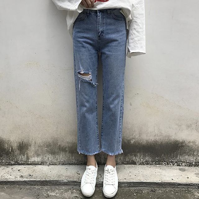 Hàng Sẵn_Quần baggy jeans rách quần ống rộng ulzzang
