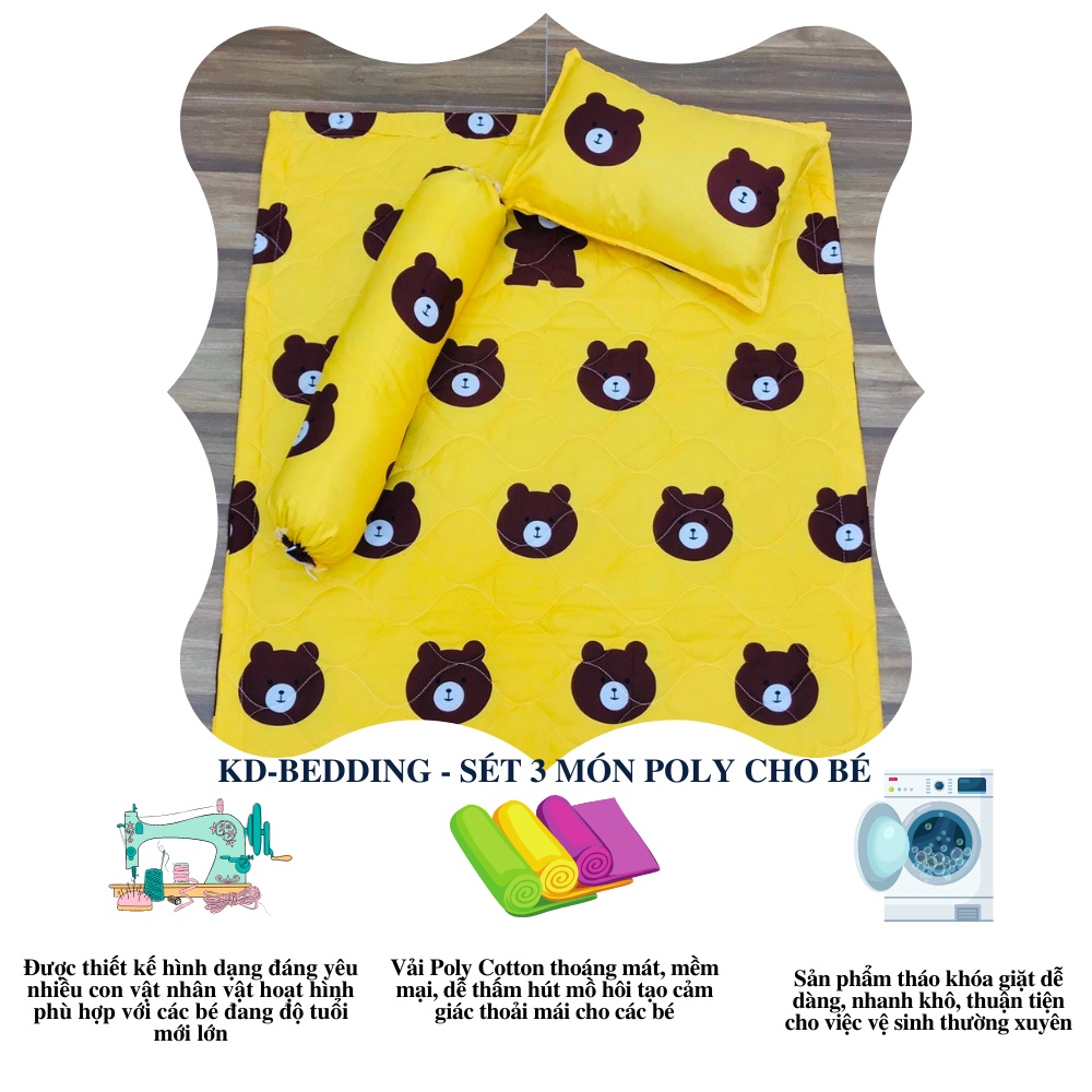 Bộ nệm gối 3 món cotton poly cho bé đi học mẫu giáo, sét 3 món chăn gối đáng yêu KD BEDDING hoạt hình dễ thương
