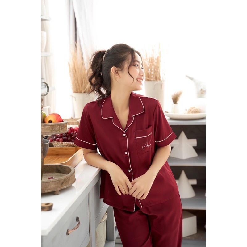 Đồ bộ mặc nhà pijama dài lụa satin VIBES Cherry Long Py Set