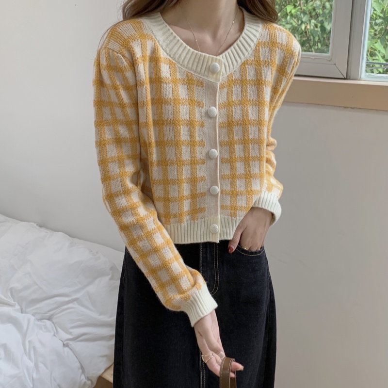 Áo khoác cardigan dệt kim tay dài họa tiết sọc caro phong cách Hàn Quốc thanh lịch