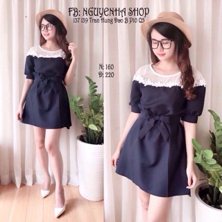 Đầm suông phối ren cột nơ eo