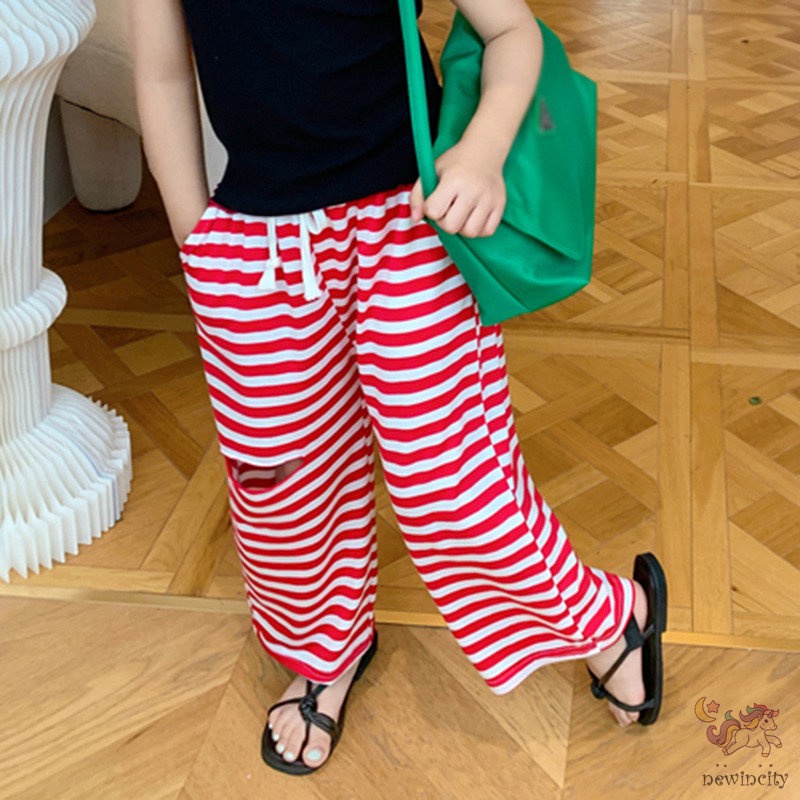 Quần Dài Ống Rộng Lưng Thun Họa Tiết Kẻ Sọc Thời Trang Hàn Quốc Cho Bé Gái