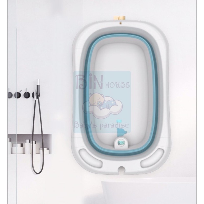 Chậu tắm gấp gọn có nhiệt kế, có giường phao tắm cho bé