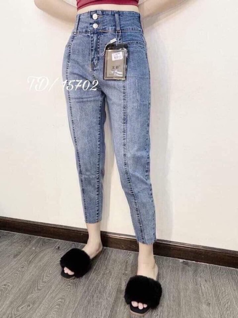 FREESHIP_Quần bò gân  , quần jeans, quần bagy bò cạp cao 2 cúc sẵn hàng tại shop_ ảnh thật