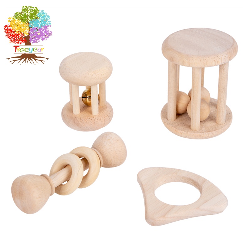Set 4 đồ chơi lục lạc gặm TREEYEAR bằng gỗ tự nhiên kiểu dáng hình học cầm tay phương pháp montessori cho trẻ sơ sinh