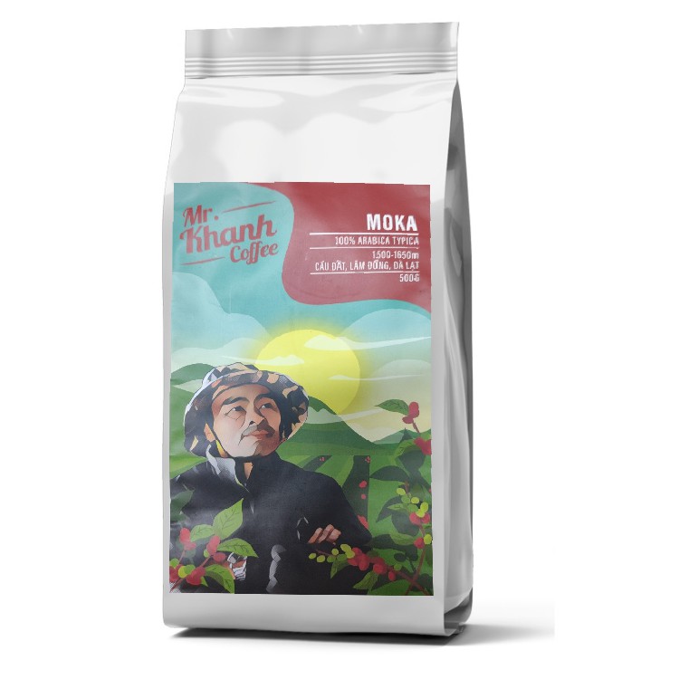 [Mùa mới] Cà Phê Moka Võ Khanh Cầu Đất Arabica Typica Moka 100% K Phiêu (Túi 500g)- Tặng Phin và muỗng inox vàng óng ánh