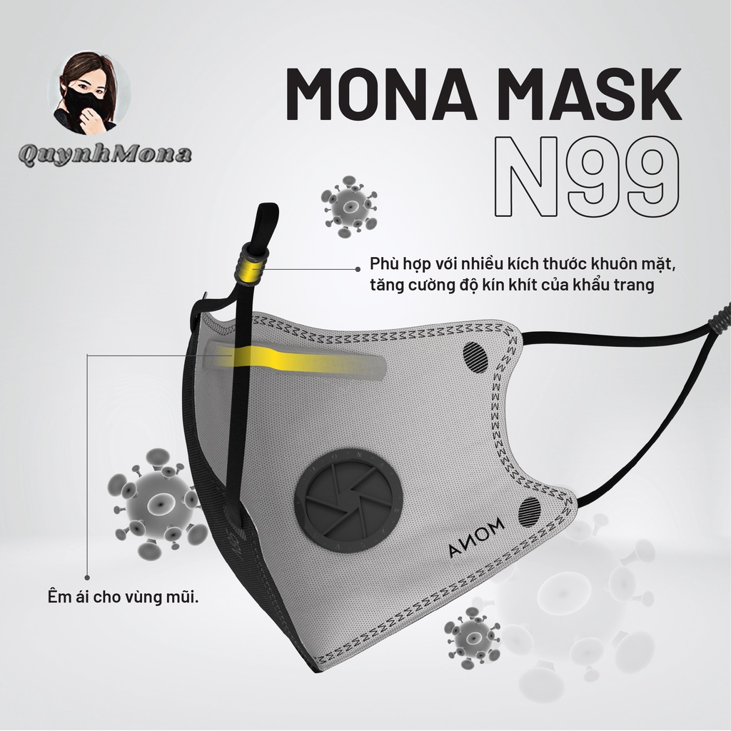 Khẩu Trang Có Van N99 Mona Mask Moonify Kháng Khuẩn 6 Lớp Nano Thời Trang Cao Cấp Dễ Thở Tái Sử Dụng PM 2.5