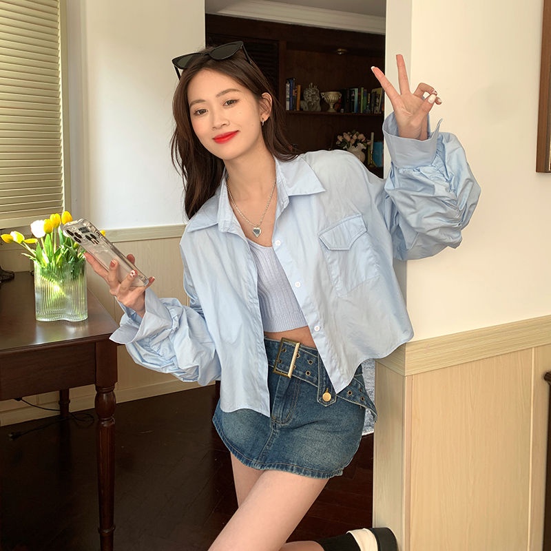 Áo Sơ Mi Tay Dài Dáng Rộng Màu Xanh Thời Trang Phong Cách Hàn Quốc Cho Nữ
