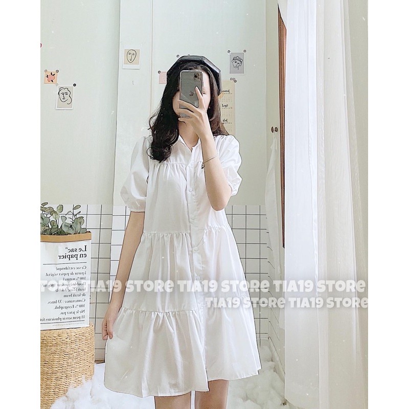 Váy trắng babydoll cổ sơmi tầng Tia19. Đầm dáng xoè form rộng ulzzang ( Ảnh thật) | BigBuy360 - bigbuy360.vn