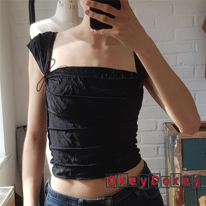 Áo Lửng Cổ Vuông Sát Nách Màu Trơn Buộc Dây Thời Trang Cho Nữ