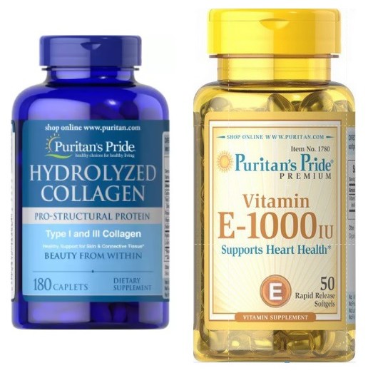 Bộ đôi sản phẩm làm đẹp chống lão hóa cho da: Collagen thủy phân 1000mg 180v, và Vitamin E 50 viên - Puritan Pride