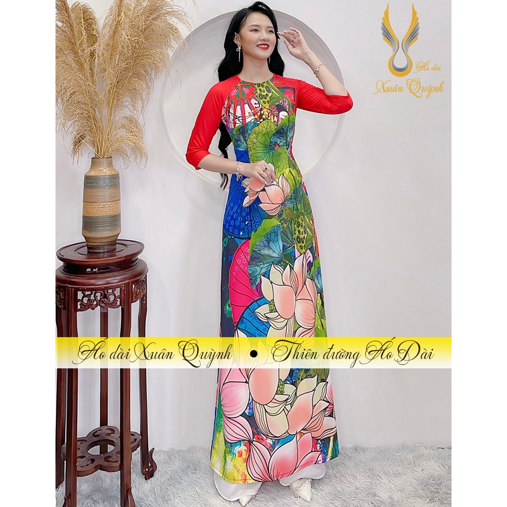 Áo Dài Hoa Sen Trẻ Trung Duyên Dáng Thanh Lịch, Lụa Habutai Co Dãn Mềm Mại A7 - Áo Dài Xuân Quỳnh