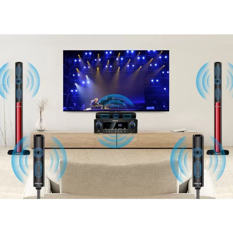 Amply 5.1 6 kêlnh Qisheng AV 206 công suất 900W đánh được trầm hơi uy lực, có bluetooth, hỗ trợ hát karaoke.