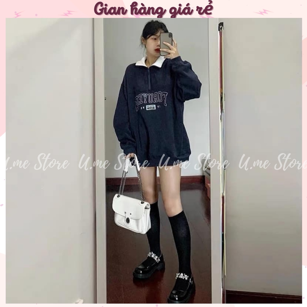 Áo Nỉ Zip FORUYFS cổ trụ xanh dương Sweater cao cổ dài tay bồng, thun hoodie form rộng cá tính Ulzzang