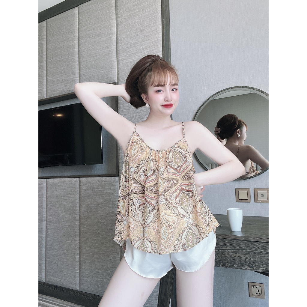 Đồ Ngủ Sexy Nữ, Bộ Yếm Voan Tơ Sexy Satin Phối Voan 40<65kg