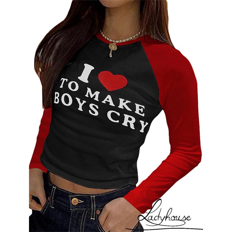 Áo Thun Raglan Tay Dài Cổ Tròn In Họa Tiết Trái Tim Và Chữ Dành Cho Nữ