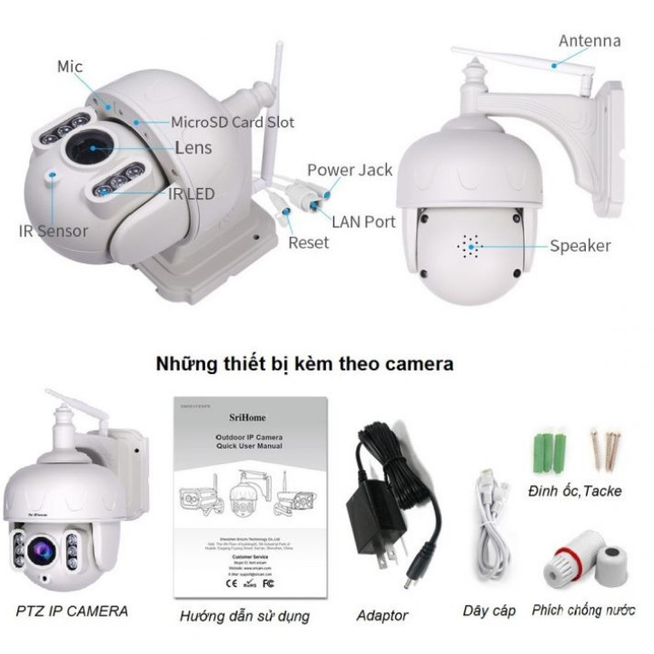 CAMERA Wifi NGOÀI TRỜI SRIHOME SH028 3.0MPX, Zoom 5X, Đàm thoại 2 chiều ,cảnh báo chuyển động