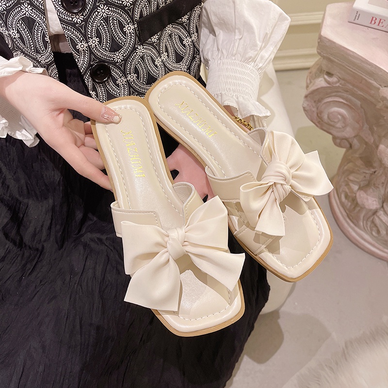 Dép sandal IELGY đế phẳng gắn nơ thời trang Hàn Quốc cho nữ