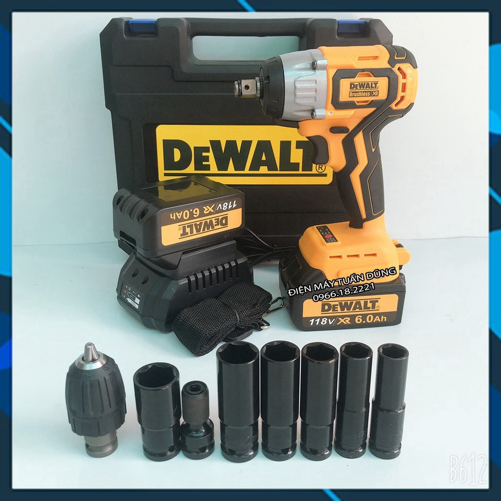 Máy siết bulong DeWalt 118V - 3 ĐÈN LED KÈM 6 KHẨU DÀI + ĐẦU CHUYỂN VÍT + ĐẦU KHOAN