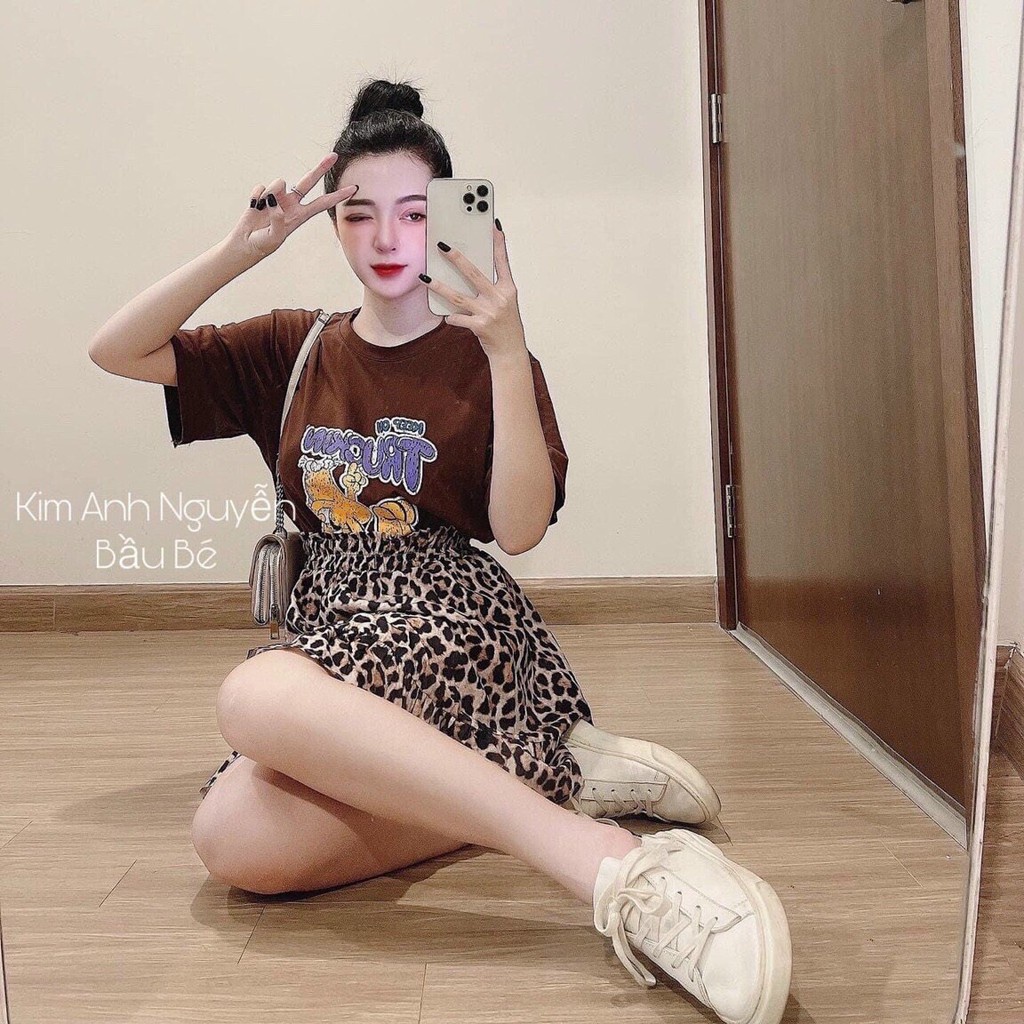 SET ÁO THUN NÂU MIX CHÂN VÁY DA BÁO - Set Váy Áo Chữ Hoạt Hình Chân Váy Xòe Họa Tiết 2 Lớp